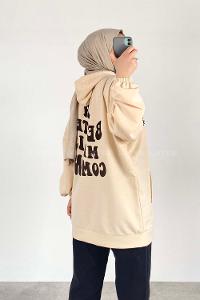 Cream Hood Neck Long Arm Printed Sweatshirt