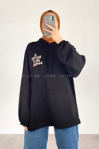 Black Hood Neck Long Arm Printed Sweatshirt