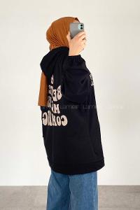 Black Hood Neck Long Arm Printed Sweatshirt