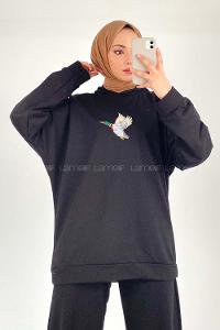 Modalamelif Ördek Nakışlı Kapüşonlu Sweat Siyah