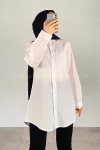 Modalamelif Yaka Taş Detaylı Oversize Gömlek Beyaz