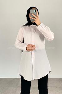 Modalamelif Yaka Taş Detaylı Oversize Gömlek Beyaz