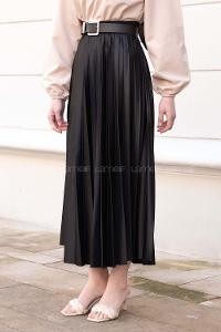 Lamelif Beli Lastikli Deri Görünümlü Laklı Etek Siyah