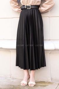 Lamelif Beli Lastikli Deri Görünümlü Laklı Etek Siyah