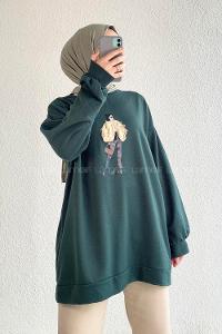 Modalamelif Bisiklet Yaka Girl Nakış Detaylı Sweat Haki