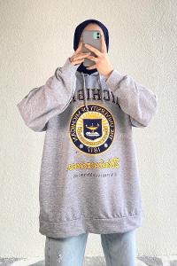Modalamelif Mıchıgan Yazı Baskılı Kapüşonlu Sweat Gri