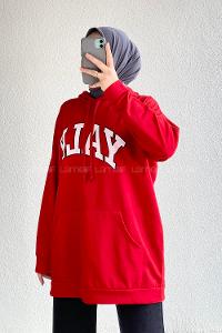 Modalamelif Yale Yazı Baskılı Kapüşon Detaylı Kanguru Cepli Sweat Kırmızı