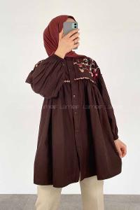 Modalamelif Çiçek Nakışlı Pileli Tunik Acıkahve