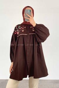 Modalamelif Çiçek Nakışlı Pileli Tunik Acıkahve