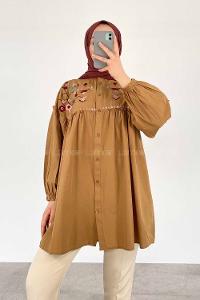 Modalamelif Çiçek Nakışlı Pileli Tunik Camel