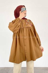 Modalamelif Çiçek Nakışlı Pileli Tunik Camel