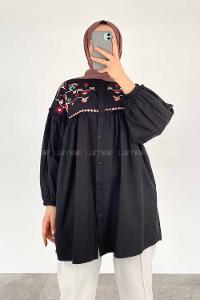 Modalamelif Çiçek Nakışlı Pileli Tunik Siyah
