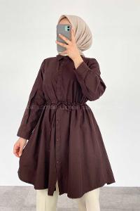 Modalamelif Gömlek Yaka Beli Bağcıklı Tunik Acıkahve