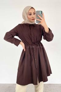 Modalamelif Gömlek Yaka Beli Bağcıklı Tunik Acıkahve