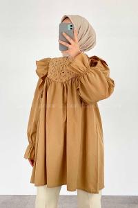 Modalamelif Omuz Fırfırlı Papatya Nakışlı Tunik Bej