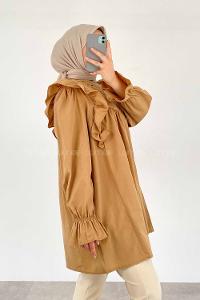 Modalamelif Omuz Fırfırlı Papatya Nakışlı Tunik Bej