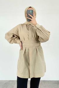 Modalamelif Önü Gizli Düğmeli Kuşaklı Tunik Bej