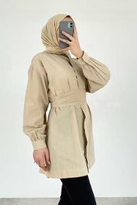 Modalamelif Önü Gizli Düğmeli Kuşaklı Tunik Bej