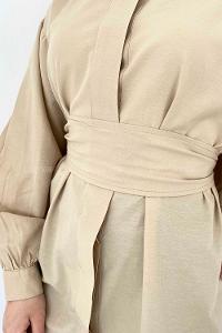 Modalamelif Önü Gizli Düğmeli Kuşaklı Tunik Bej