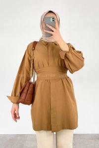 Modalamelif Önü Gizli Düğmeli Kuşaklı Tunik Camel