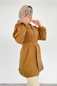 Modalamelif Önü Gizli Düğmeli Kuşaklı Tunik Camel