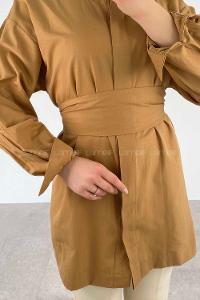 Modalamelif Önü Gizli Düğmeli Kuşaklı Tunik Camel