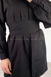 Modalamelif Önü Gizli Düğmeli Kuşaklı Tunik Siyah