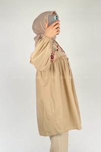 Modalamelif Çiçek Nakışlı Pileli Tunik Bej