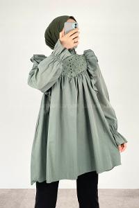 Modalamelif Omuz Fırfırlı Papatya Nakışlı Tunik Çağla Yeşili