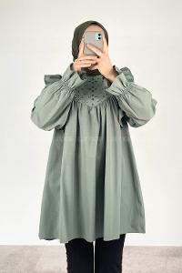 Modalamelif Omuz Fırfırlı Papatya Nakışlı Tunik Çağla Yeşili