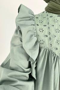 Modalamelif Omuz Fırfırlı Papatya Nakışlı Tunik Çağla Yeşili