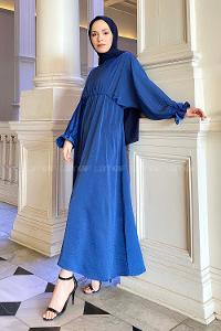 Lamelif Yarasa Kol Lastikli Ayrobin  Tesettür Elbise İndigo