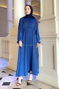 Lamelif Yarasa Kol Lastikli Ayrobin  Tesettür Elbise İndigo