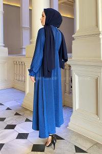 Lamelif Yarasa Kol Lastikli Ayrobin  Tesettür Elbise İndigo