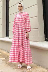 Modalamelif Balon Kol Beli Fırfırlı Gofre Ekose Elbise Pembe