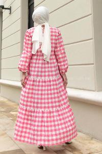 Modalamelif Balon Kol Beli Fırfırlı Gofre Ekose Elbise Pembe