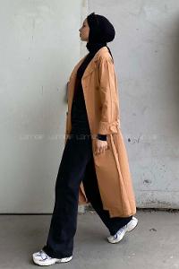 Lamelif Önü Düğmeli Belden Bağlamalı Trenç Koyu Bej