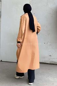 Lamelif Önü Düğmeli Belden Bağlamalı Trenç Koyu Bej