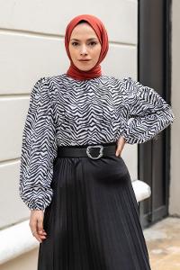 Modalamelif Bel Lastikli Balon Kol Zebra Desenli Bluz Siyah