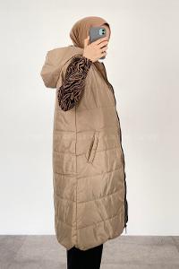 Modalamelif Kapüşonlu Çift Cepli Fermuarlı Şişme Mont Yelek Bej