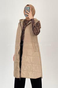 Modalamelif Kapüşonlu Çift Cepli Fermuarlı Şişme Mont Yelek Bej