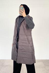 Modalamelif Kapüşonlu Çift Cepli Fermuarlı Şişme Mont Yelek Füme