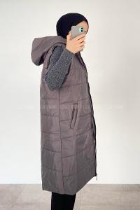 Modalamelif Kapüşonlu Çift Cepli Fermuarlı Şişme Mont Yelek Füme