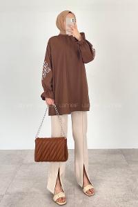 Lamelif Kol Baskılı Tunik Acı Kahve