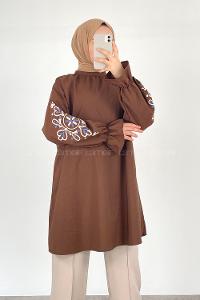 Lamelif Kol Baskılı Tunik Acı Kahve