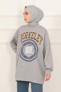 Modalamelif Bisiklet Yakalı Berkeley Yazı Baskılı Tunik Gri