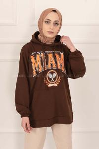Modalamelif Kapüşonlu Miami Baskı Detaylı Sweat Acıkahve