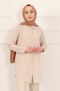 Modalamelif Önü Boydan  Düğmeli Boyfriend Gömlek Taş