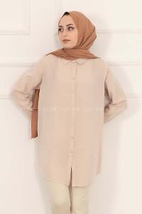 Modalamelif Önü Boydan  Düğmeli Boyfriend Gömlek Taş