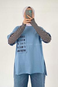 Modalamelif Everything Baskılı  Duble Kol Yan Yırtmaçlı T-Shirt Açık Mavi